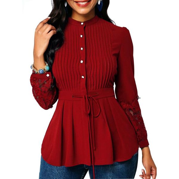 

women's blouses & shirts hollow out lace blouse and shirt women casual plus size long sleeve sashes office blousas mujer de moda vintag, White