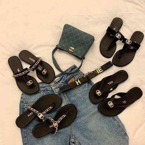 

small fragrance clip toe herringbone slippers women's 2021 summer new wear metal chain beach versatile flat bottom sandals, Black
