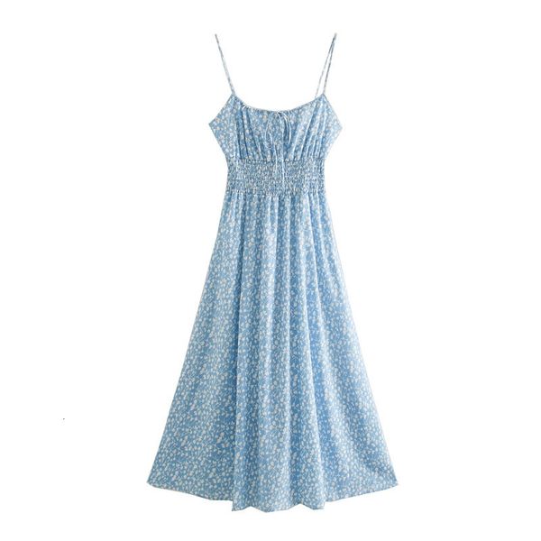 

2021 new women chic floral print pleated midi fashion spaghetti strap o-neck elastic waist female es vestidos 8oej, Black;gray