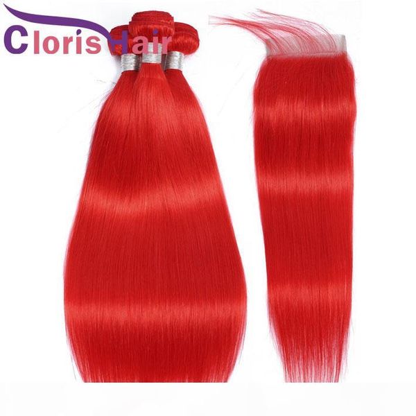 

straight human hair malaysian virgin weaves 3 bundles with closure colored red hair extensions and 4x4 lace closure pre plucked hairline, Black;brown