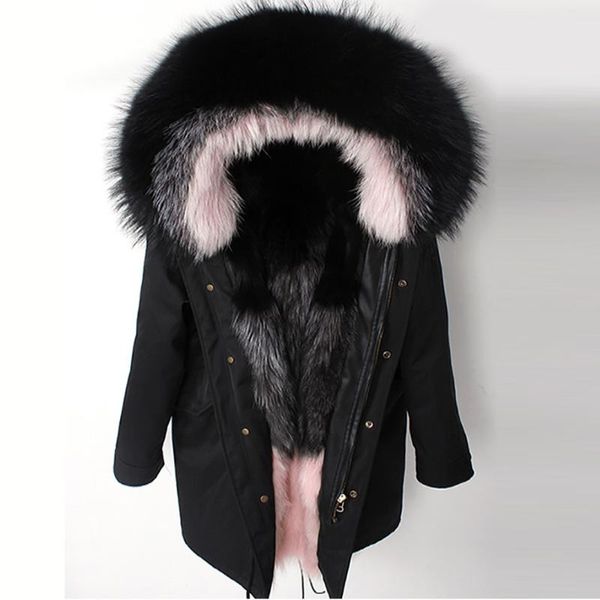 

women's fur & faux 2021 fashion long khaki parka winter jacket women real natural coat sliver hooded liner gradient outwear, Black