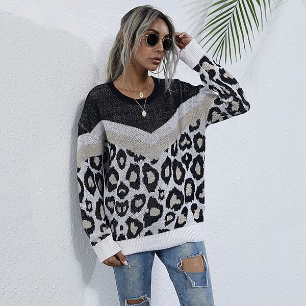 

2021 fashion leopard patchwork jumper women new casual full sleeve autumn winter ladies knitted sweater pullovers ala8, White;black