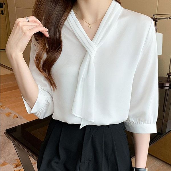 

women's blouses & shirts chiffon shirt white short sleeves 2021 summer v-neck female blusas solid bow elegant fashion clothing 1058