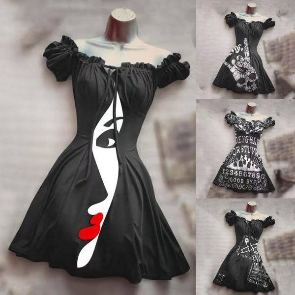 

casual dresses fashion women's summer short sleeve party club slash neck bandage mini dress puff printing sundress vestido#g3, Black;gray