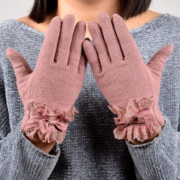 

fingerless gloves [bysifa] ladies pink hair wool mittens fashion women elegant lace embroidery bow tie thick warm soft, Blue;gray