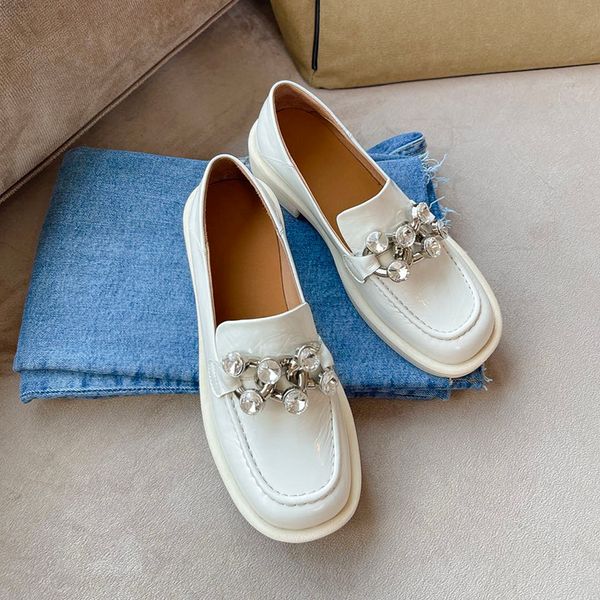 

womens genuine leather thick sole platform flats loafers crystal buckle slip-onmoccasins square toe punk casual daily shoes ress shoes, Black