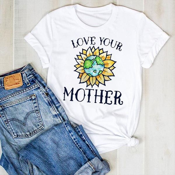 

cartoon sunflower earth aesthetic print women summer tee clothes graphic, White