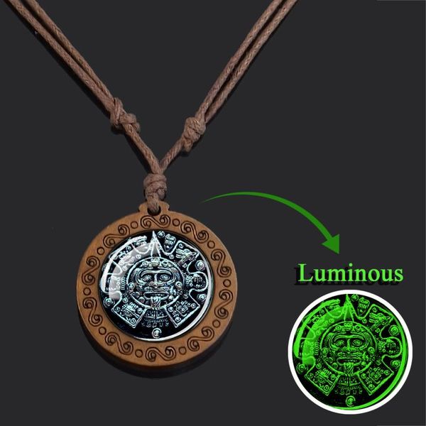 

chains esspoc mayan calendar necklace vintage wooden mexican luminous aztec jewelry glass cabochon necklaces women gift, Silver