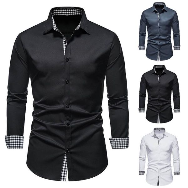 

men's casual shirts slim fit social autumn and winter stitching plaid long-sleeved single-breasted lapel shirt male clothing 202, White;black