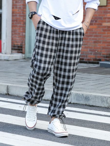 

men plaid drawstring waist pants f0go#, Black