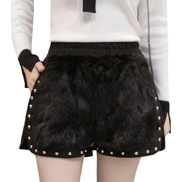 

women's shorts autumn winter women 2021 beaded imitation fur stitching thick casual black female woolen dt0488, White;black