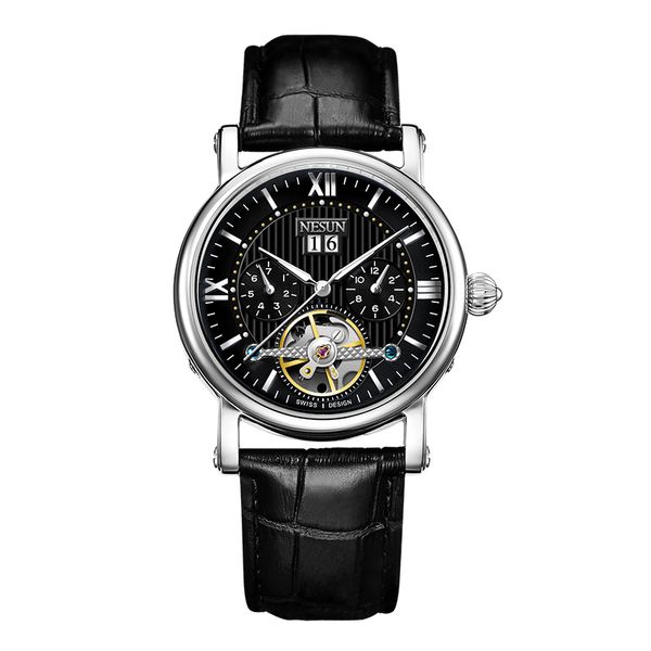

nesun switzerland brand original design men double flying wheel automatic new mechanical watches fashion casual business clock, Slivery;brown