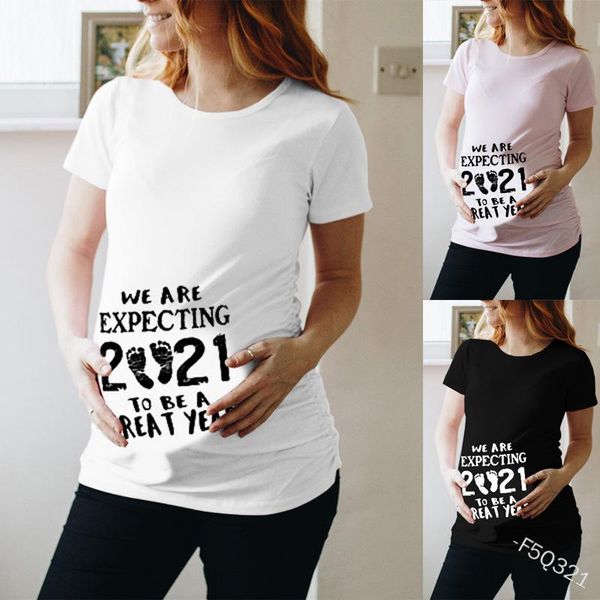 

women's t-shirt women short-sleeved loose large size casual home cartoon footprint letter print round neck basic maternity top, White