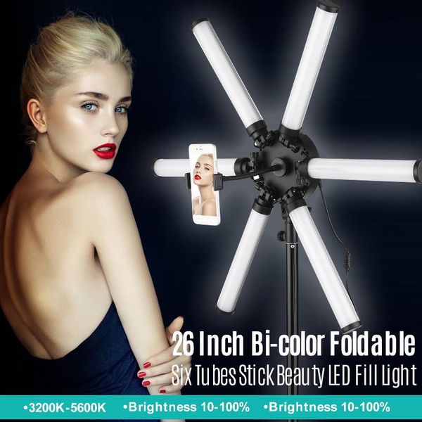 

6 tubes stick beauty light 26in 54w 3200-5600k led fill light cri90+ phone holder for live streaming vlogging makeup lighting