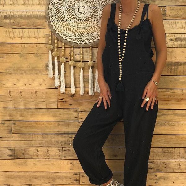 

40 vintage linen overalls womens summer jumpsuits casual strap wide leg playtsuits cropped pant plus size jumpsuit, Black;white