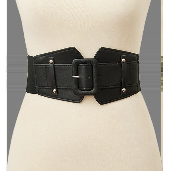 

ultra wide women belt for dresses ladies big metal circle ring cummerbund waist strap elastic female belt leather, Black;brown