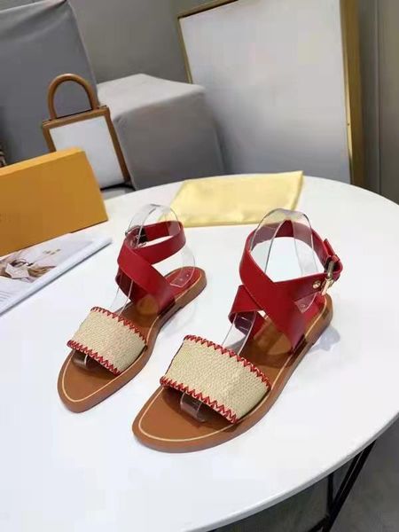 

05a-new pattern slippers designer slippers leather sandal slides 2 straps with adjusted gold buckles women summer flip flops have box size 3, Black