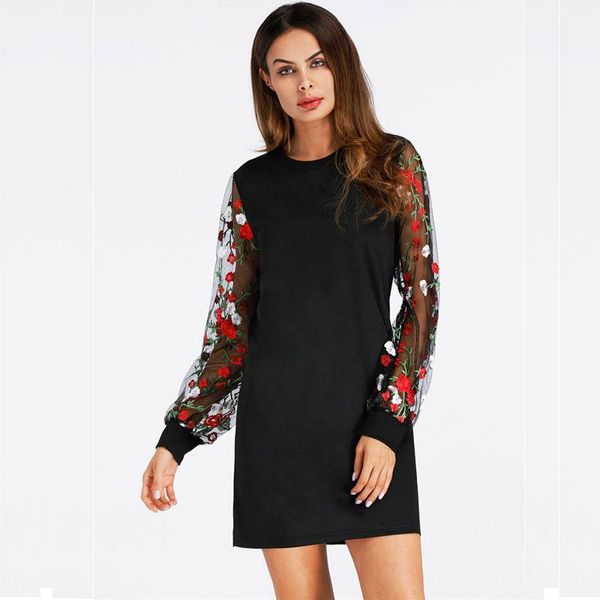 

casual dresses 2021 spring mesh floral embroidery dress women patchwork pullover jumper vintage long sleeve o-neck party mini, Black;gray