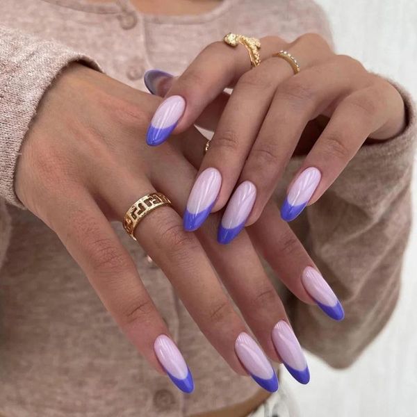 

false nails 24pcs purple wear long paragraph french manicure patch save time wearable nail extension tip, Red;gold