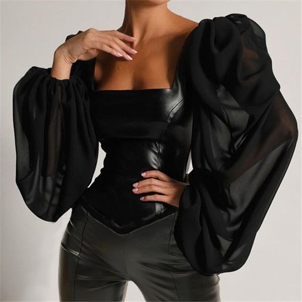 

women's blouses & shirts patchwork mesh black faux leather elegant tshirt women vintage puff sleeve tee shirt femme skinny crop la, White