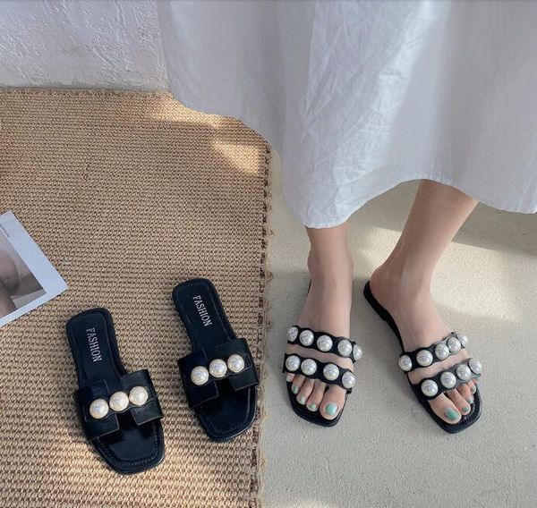 

slippers summer pearl women slides 2021 flat casual open toe outdoor beach sandals, Black
