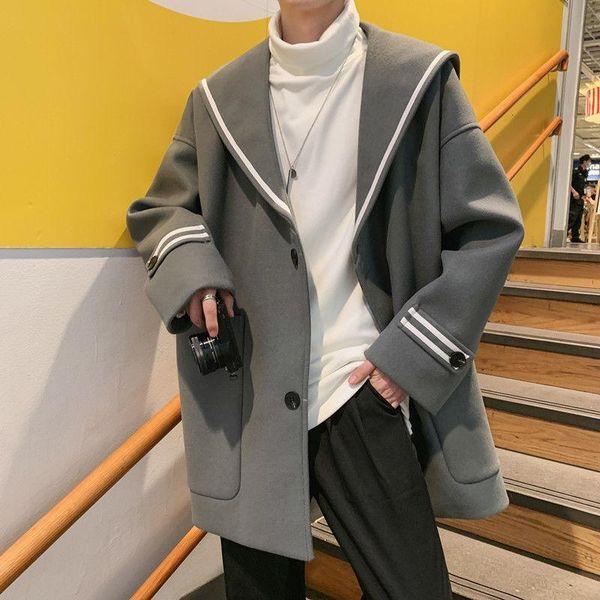 

2021 men's loose woolen blends cashmere long wool trench coats snow suit jackets 3 color parkas in warm cotton-padded clothes, Black