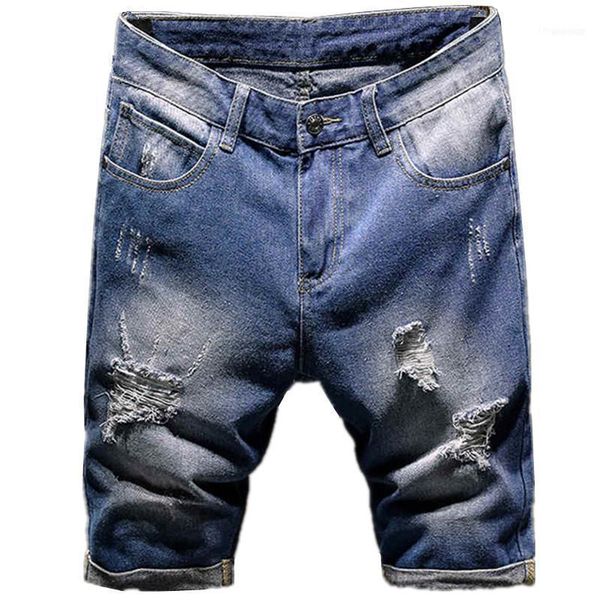 

men denim shorts slim large size casual fashion knee length hole youth cowboy jeans male 2021 summer1, Blue