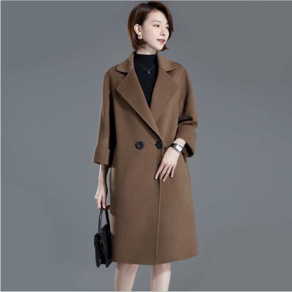 

women's trench coats winter double breasted camel red black three quarter mother's lady cashmere coat medium loose cape type woole, Tan;black