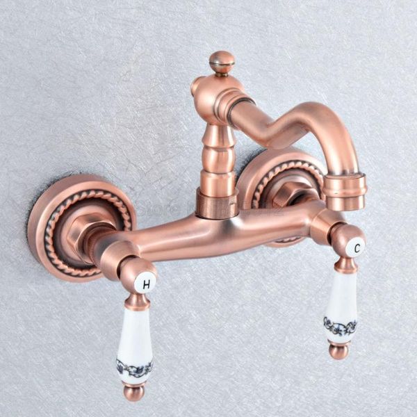 

antique red copper brass wall mounted dual handles kitchen sink faucet bathroom basin mixer taps swivel spout tsf891 faucets1