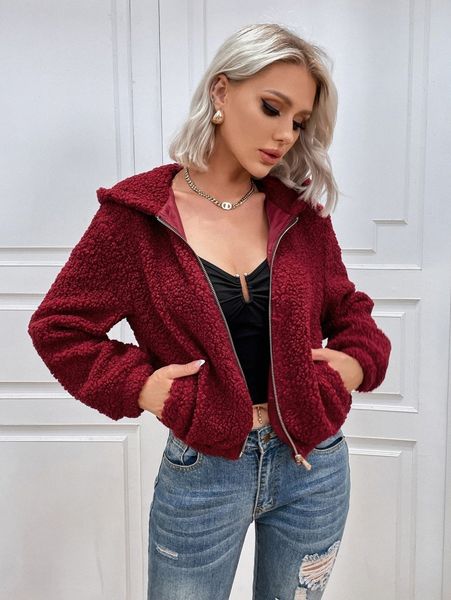 

eilly bazar slant pocket hoodie zipper teddy jacket e1um#, Black;brown
