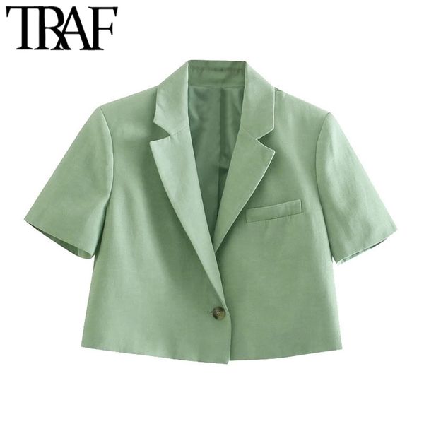

traf women fashion single button linen cropped blazer vintage shorts sleeve female outerwear chic veste femme 211122, White;black