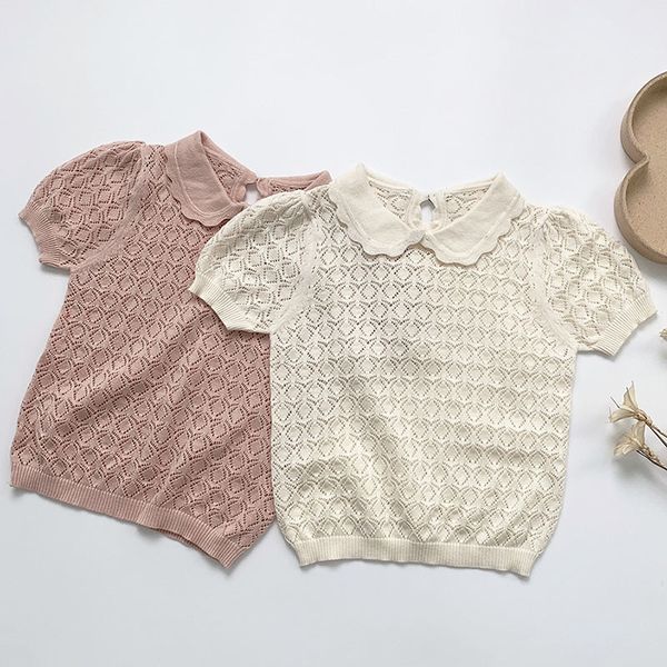 

baby girl hollow out t-shirt summer kids girl short sleeve knit t-shirt infant kids baby girl t-shirt clothes, Blue