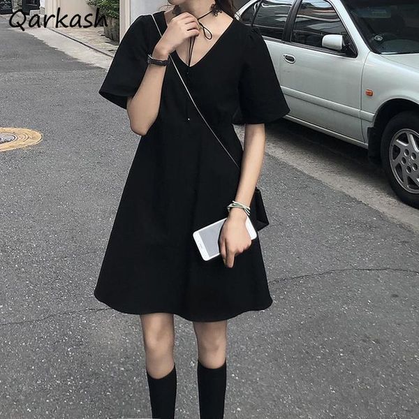 

casual dresses women chic solid v-neck female tunic stylish streetwear basic slim ins holiday tender summer harajuku, Black;gray