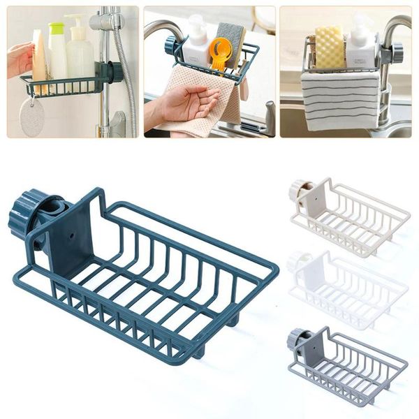 

sink caddy organizer plastic faucet sponge holder adjustable screw-on soap storage rack for kitchen bathroom