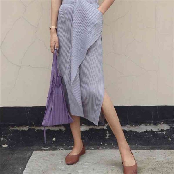 

spilt irregular elastic waist streetwear women skirt all match elegant summer loose femme prom high pure color, Black