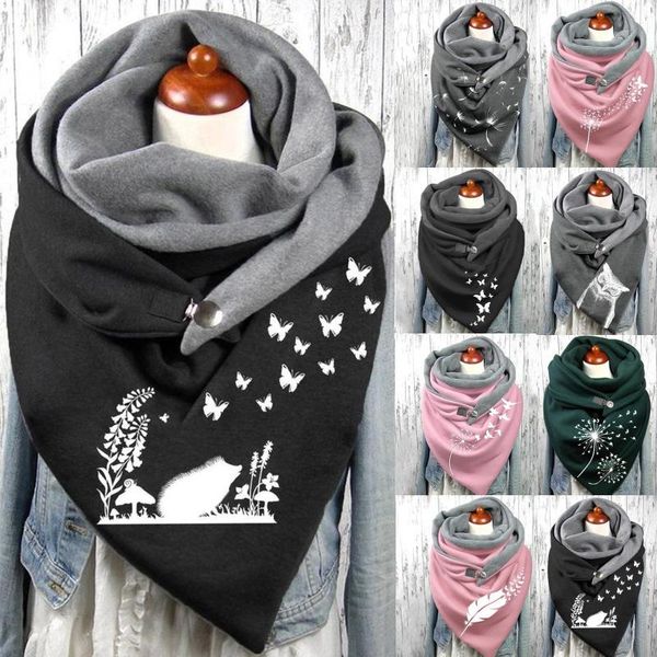

cycling caps & masks autumn winter women buttons wraps scarf soft shawls dandelion print casual warm scarves retro female shawl thick blanke, Black