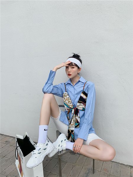 

2021 new autumn button up collar shirt women long sleeve and white blue bow tie blouse korean fashion clothing wfv4