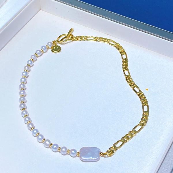 

chains owe design 2021 7-8mm natural freshwater pearl with chain necklace elegant baroque pendant choker, Silver