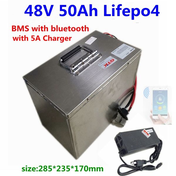 Impermeabile LifeMo4 48V 50Ah Batteria al litio BMS con funzione Bluetooth per Motociclo Scooter Ebike Moto Solar RV + Caricabatterie 5A