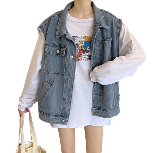 

2021 new spring autumn women streetwear cowboy denim female vintage sleeveless jeans jacket vest ladies plus size 3xl y255 ul5w, Black;white