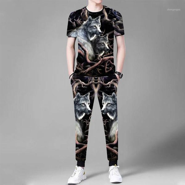 

fashion chinese style beauty and wolf suit summer short-sleeved t-shirt + trousers 2 casual 3d print men's clothing tracksuits, Gray