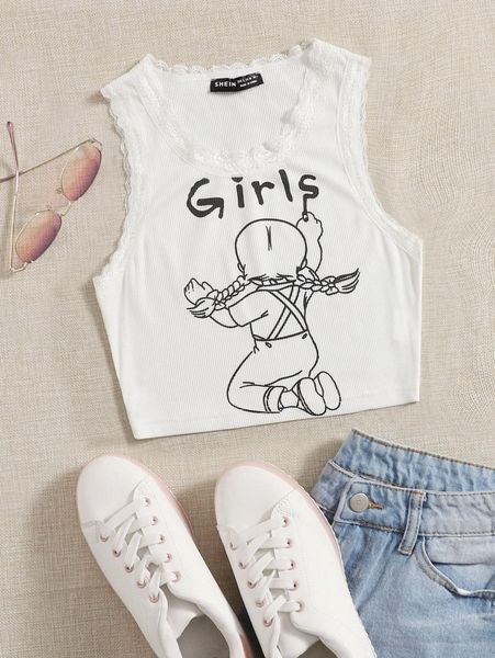 

letter & figure graphic lace trim tank i920#, White