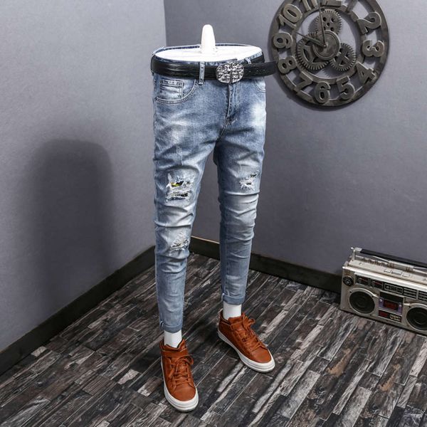 

spring and summer hole printed jeans men's fashion casual slim straight pants handsome personality korean men, Blue