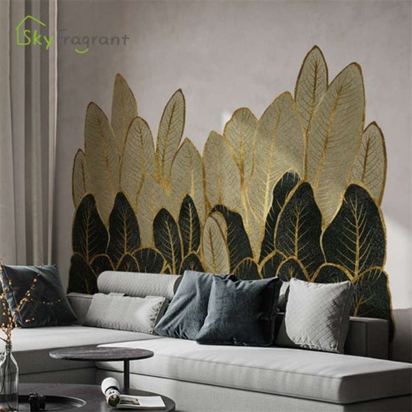 Goldene grüne Blätter Wandaufkleber Home Decor Wohnzimmer Sofa TV Hintergrund Wanddekor Schlafzimmer Dekoration Selbstklebende Aufkleber 210929