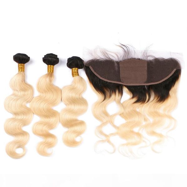 

blonde ombre silk base 13x4 full lace closure with bundles body wave two tone 1b 613 ombre brazilian virgin hair with silk frontal, Black