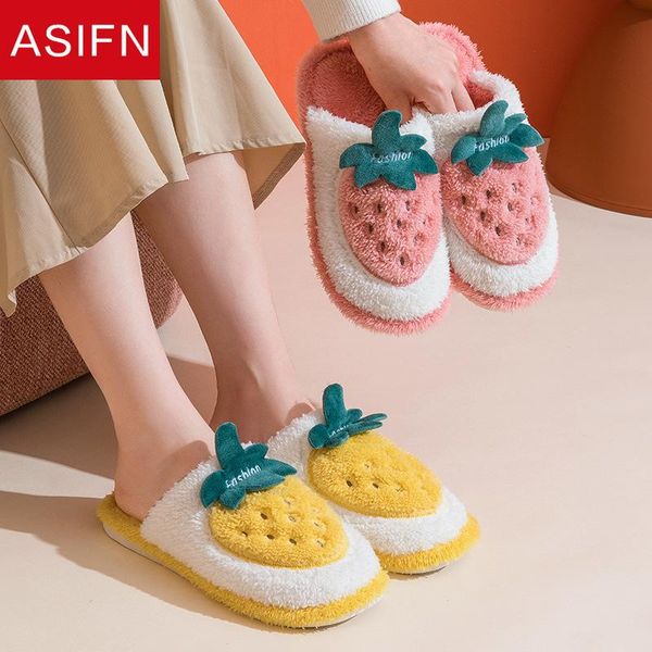 

slippers asifn cartoon fruit women's fur cute winter cotton indoor home couples non-slip thick sole plush ladies house mules, Black