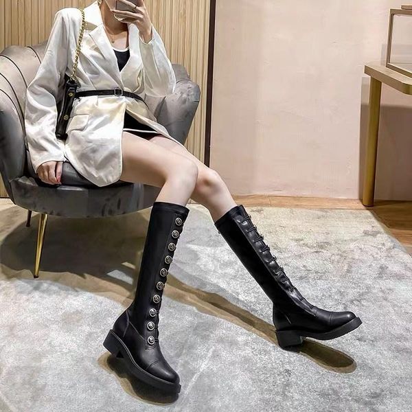 

boots little fragrant wind but knee women 2021 spring and autumn thinner badge knight mid-high elastic, Black