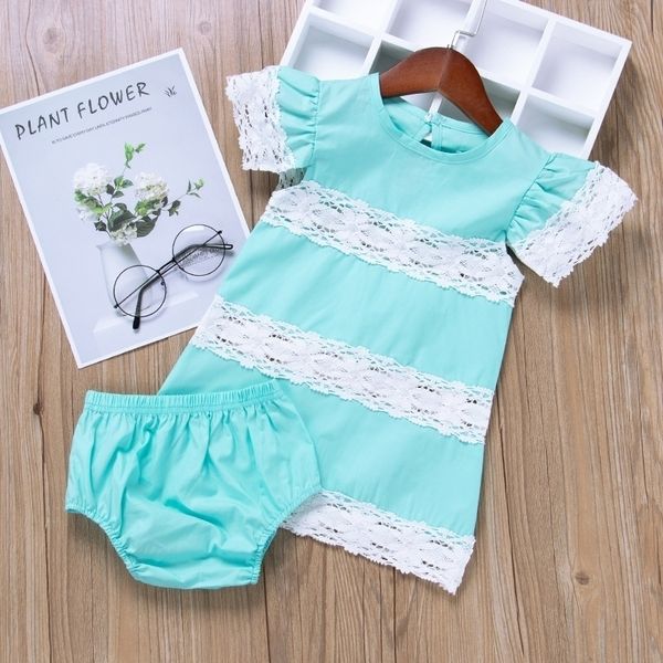 

2021 ins baby clothes spring summer lace patchwork flying sleeve t-shirt + shorts pp pants newborn infant two piece fashion outfits h23n1vu, Blue