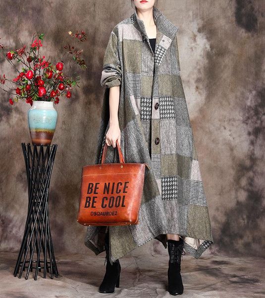 

women's wool & blends autumn and winter 2021 plaid irregular tweed jacket stand collar temperament celebrity coat, Black