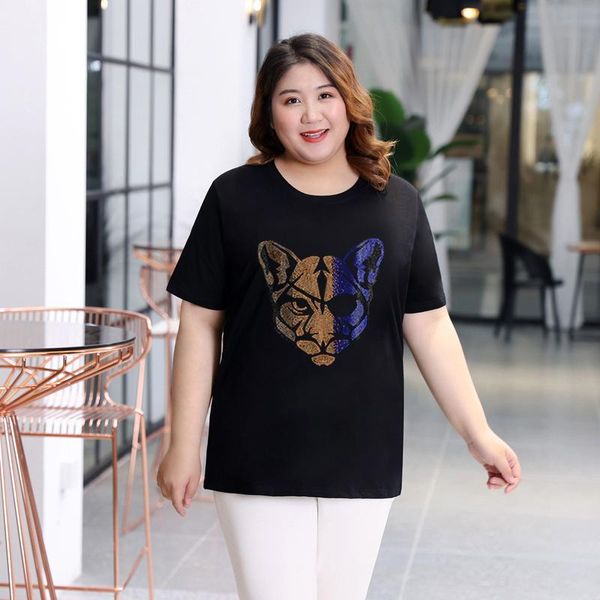 

plus size t-shirt street leisure fashion leopard diamonds short-sleeved female summer 2021 loose big 5xl women pullovers, Black